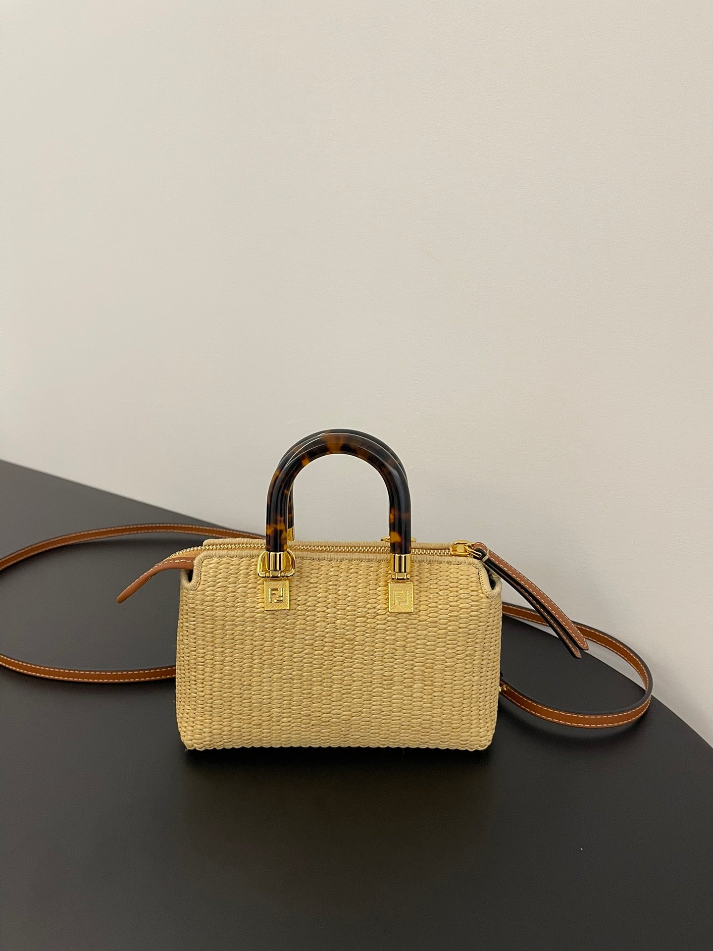 BY THE WAY MINI 18 IN BEIGE STRAW AND BROWN CALFSKIN TRIM