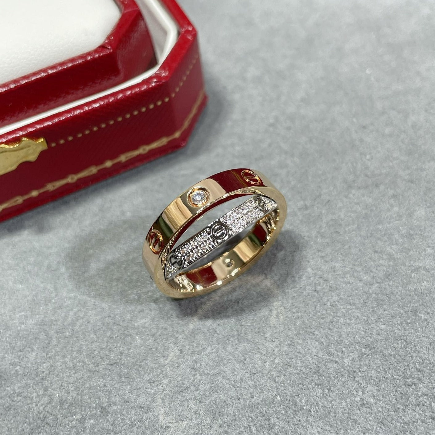 DIANA LOVE PINK GOLD SILVER DIAMOND DOUBLE RING