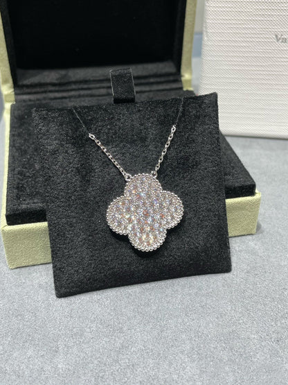 CLOVER 25MM LARGE PENDANT DIAMOND PAVED SILVER NECKLACE