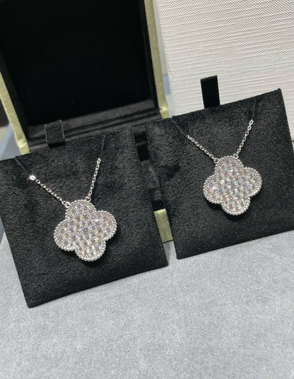 CLOVER 25MM LARGE PENDANT DIAMOND PAVED SILVER NECKLACE