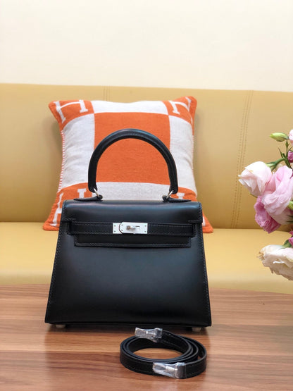 KELLY MINI 20 BAG IN BLACK SMOOTH CALFSKIN WITH SILVER HARDWARE (MADE - TO - ODER)