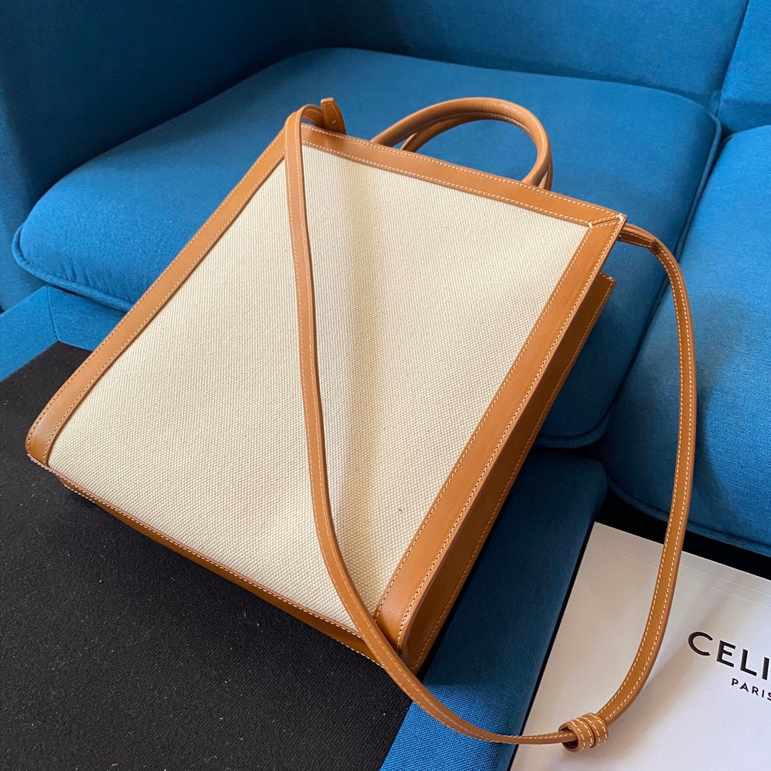 small vertical cabas 28cm beige canvas tan calfskin
