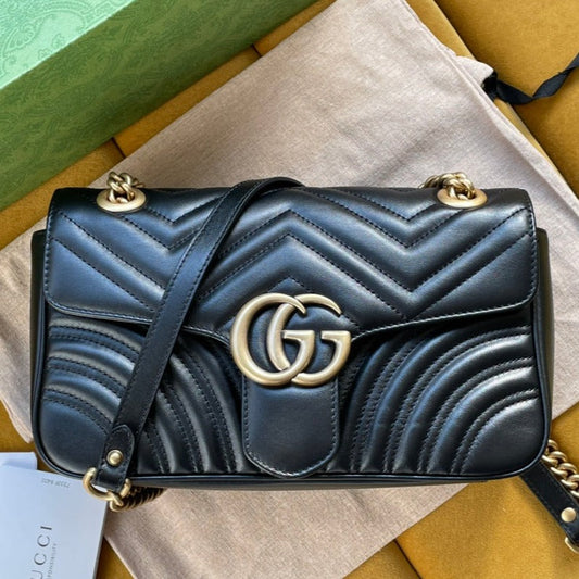 GG MARMONT MATELASS¨¦ LARGE 26 BAG BLACK CALFSKIN