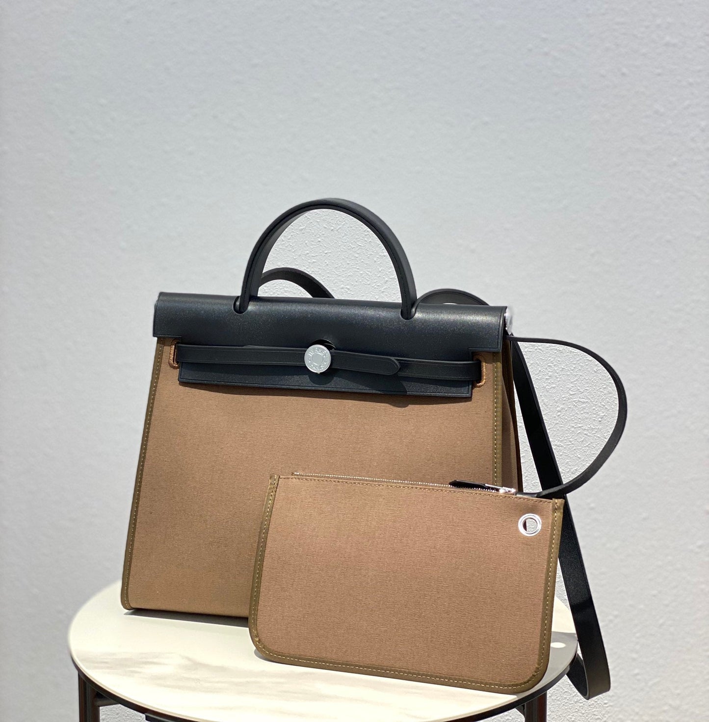 Herbag 31 Toile Brown Canvas Black Cowhide Leather