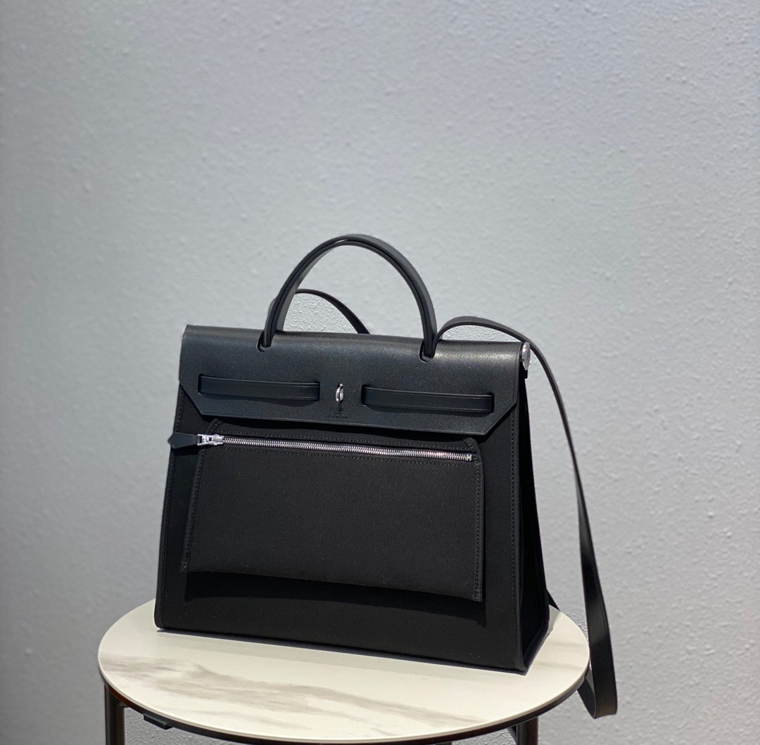 Herbag 31 Toile Black Canvas Black Cowhide Leather