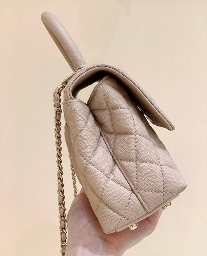 CC Coco Hanle Small 23cm Light Beige Grained Calfskin Gold Hardware