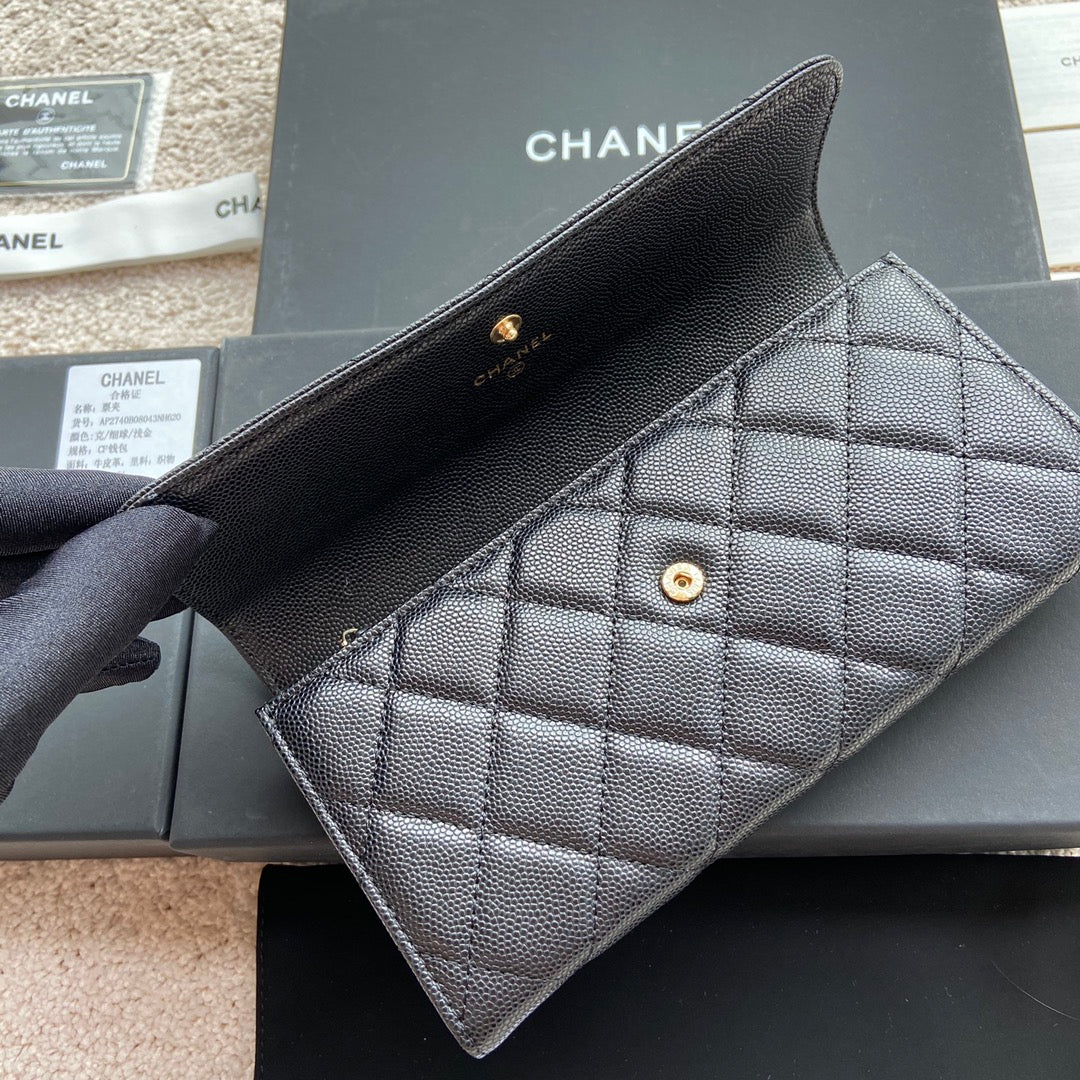 CC Classic Long Wallet 19cm Black Grained Calfskin