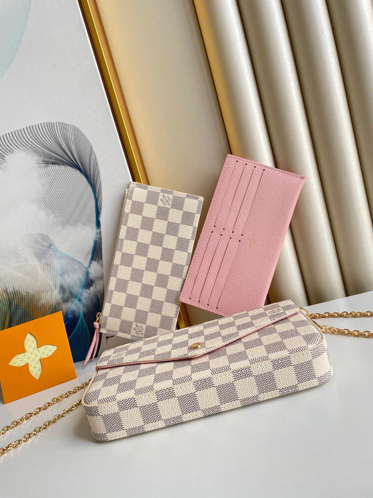 F¨¦LICIE POCHETTE 21 IN BLUE BEIGE DAMIER AZUR CANVAS GOLD HARDWARE