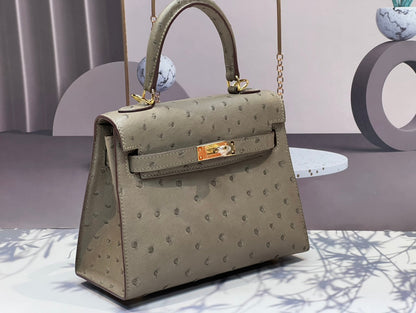 KELLY BAG 20 IN KHAKI BEIGE OSTRICH LEATHER WITH GOLD HARDWARE (MADE - TO - ODER)