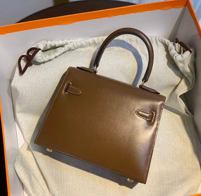 KELLY MINI 20 BAG IN CHOCOLATE BROWN SMOOTH CALFSKIN WITH GOLD HARDWARE (MADE - TO - ODER)