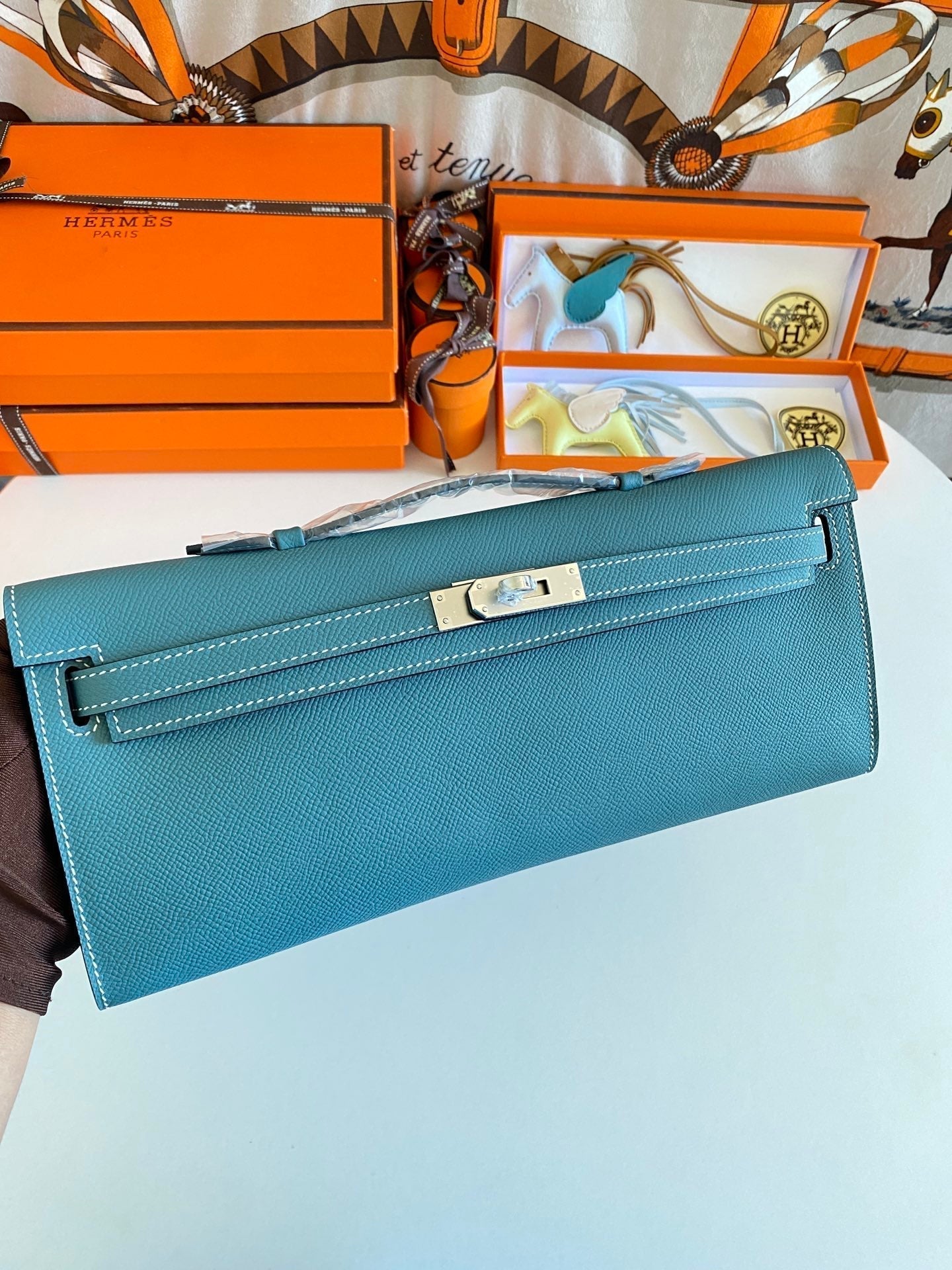 HM Kelly Cut 31 Teal Blue Epsom Leather Silver Hardware 229063