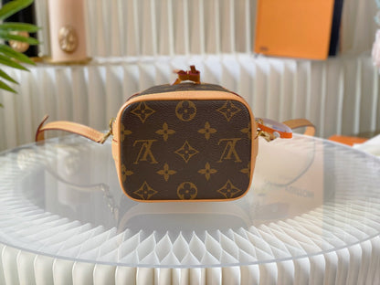 nano noe 13 brown monogram canvas beige calfskin gold hardware