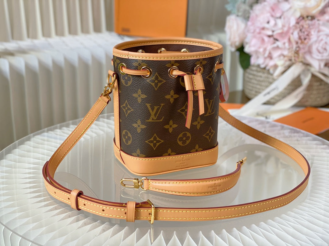 nano noe 13 brown monogram canvas beige calfskin gold hardware