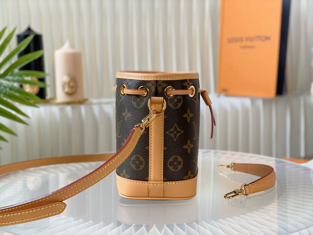 nano noe 13 brown monogram canvas beige calfskin gold hardware