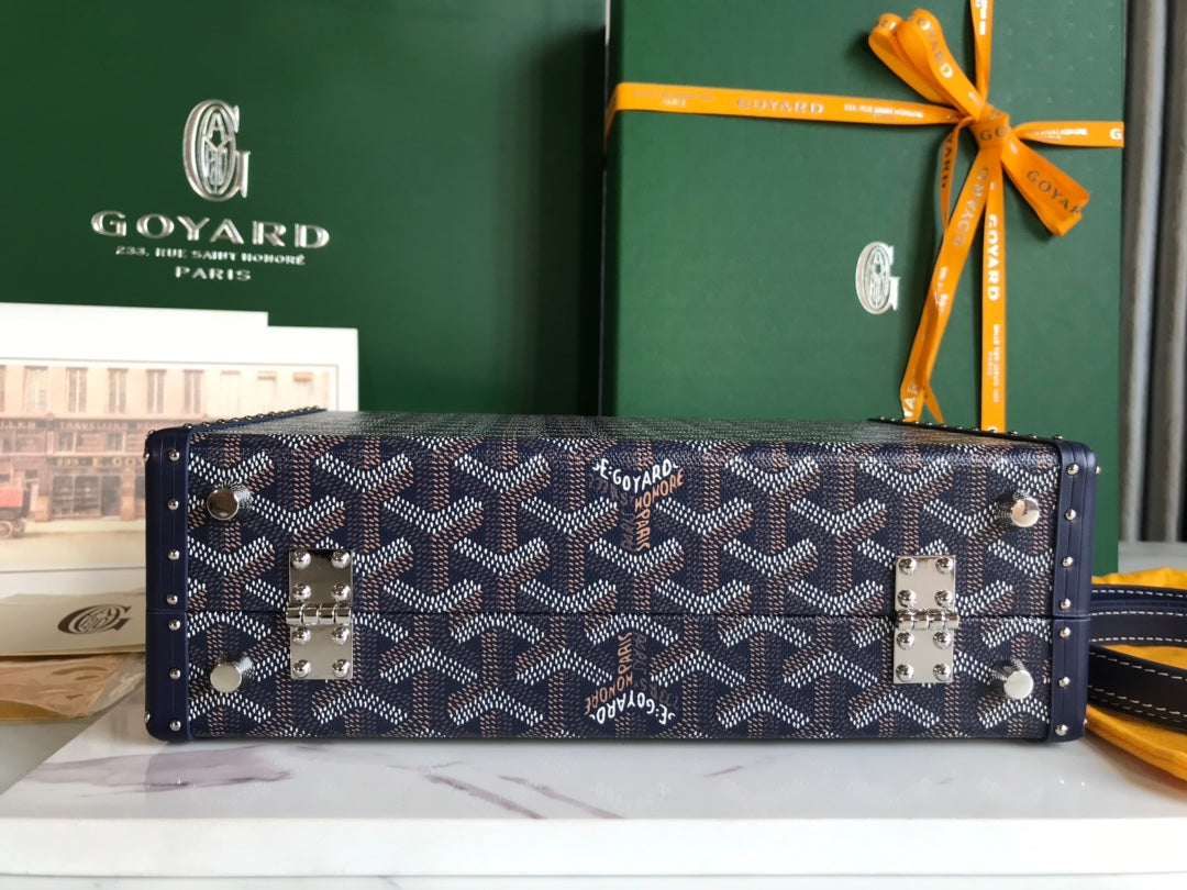 GRAND H?TEL TRUNK BAG 24 IN NAVY BLUE GOYARDINE CANVAS AND CALFSKIN