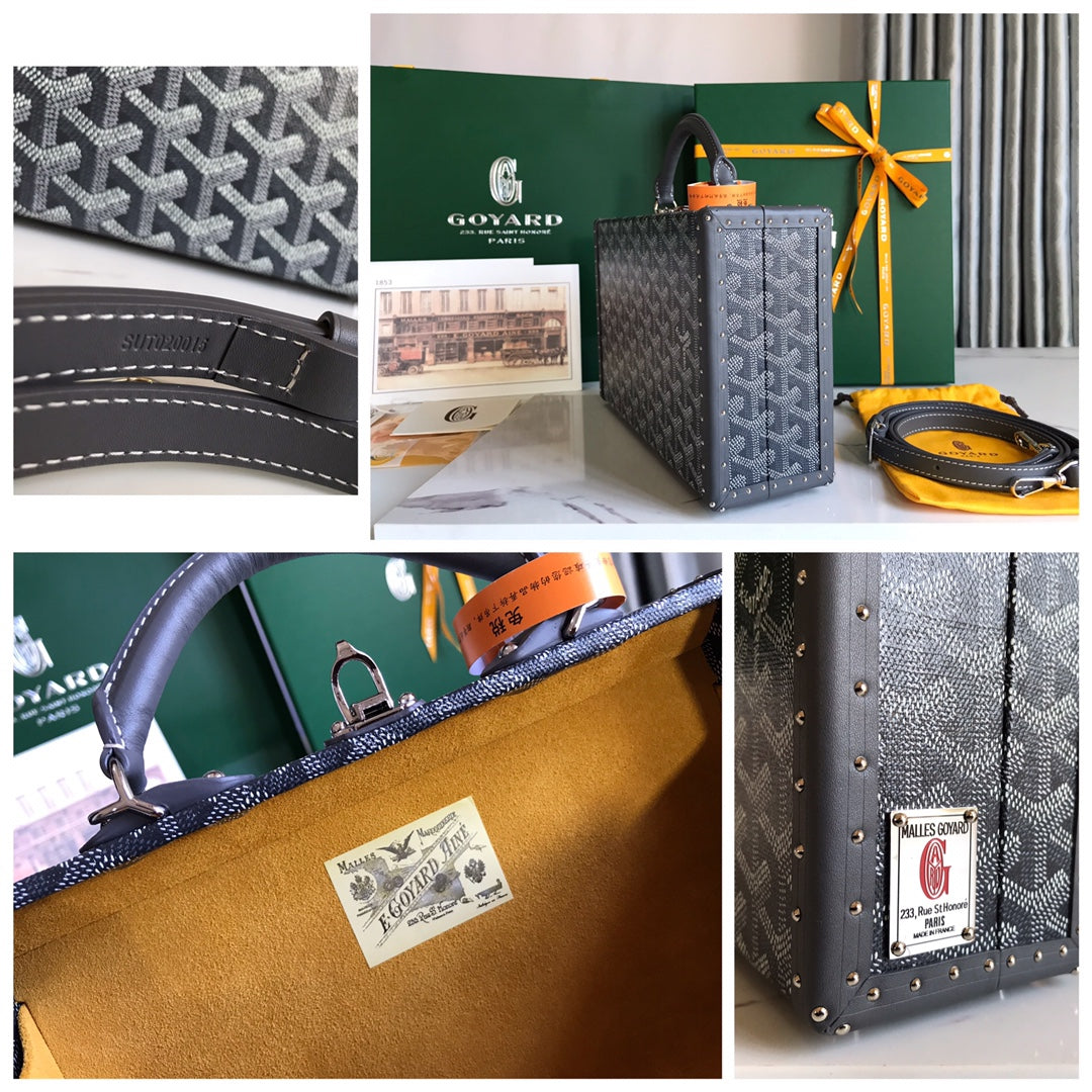 GRAND H?TEL TRUNK BAG 24 IN GREY BLACK GOYARDINE CANVAS AND CALFSKIN