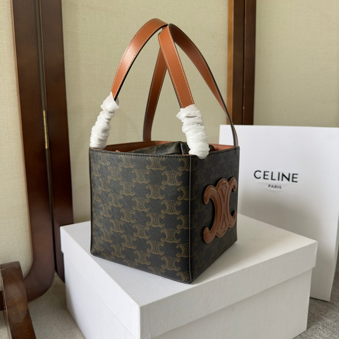 CUBE BAG 15 IN BLACK TRIOMPHE CANVAS AND BROWN CALFSKIN
