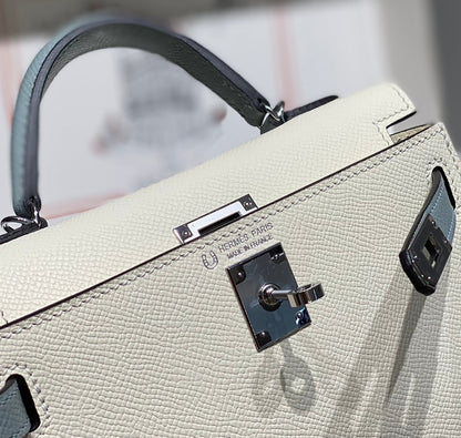 HM Mini Kelly 19cm Cream Cloud Blue Epsom Silver Hardware
