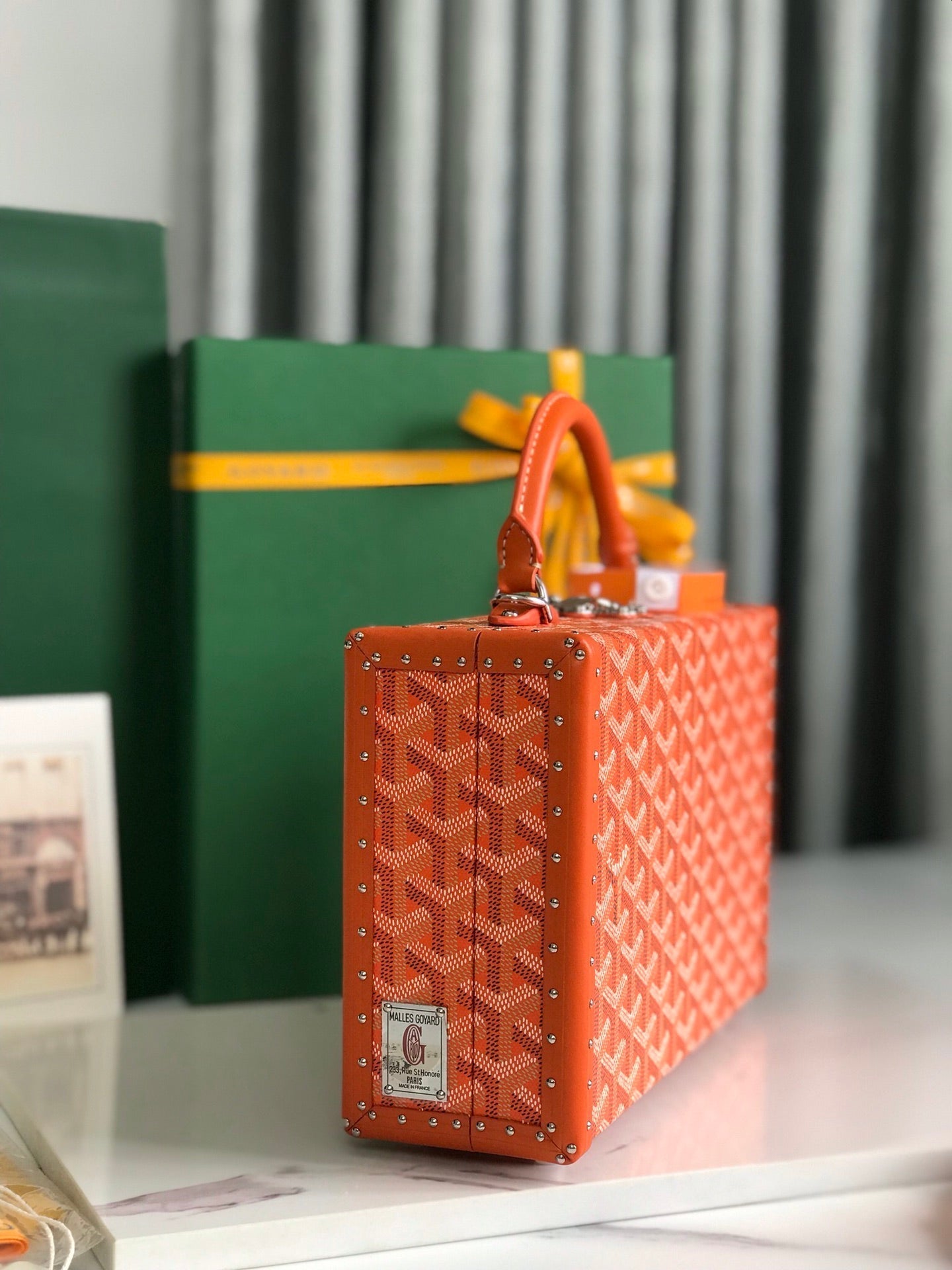 GRAND H?TEL TRUNK BAG 24 IN ORANGE GOYARDINE CANVAS AND CALFSKIN