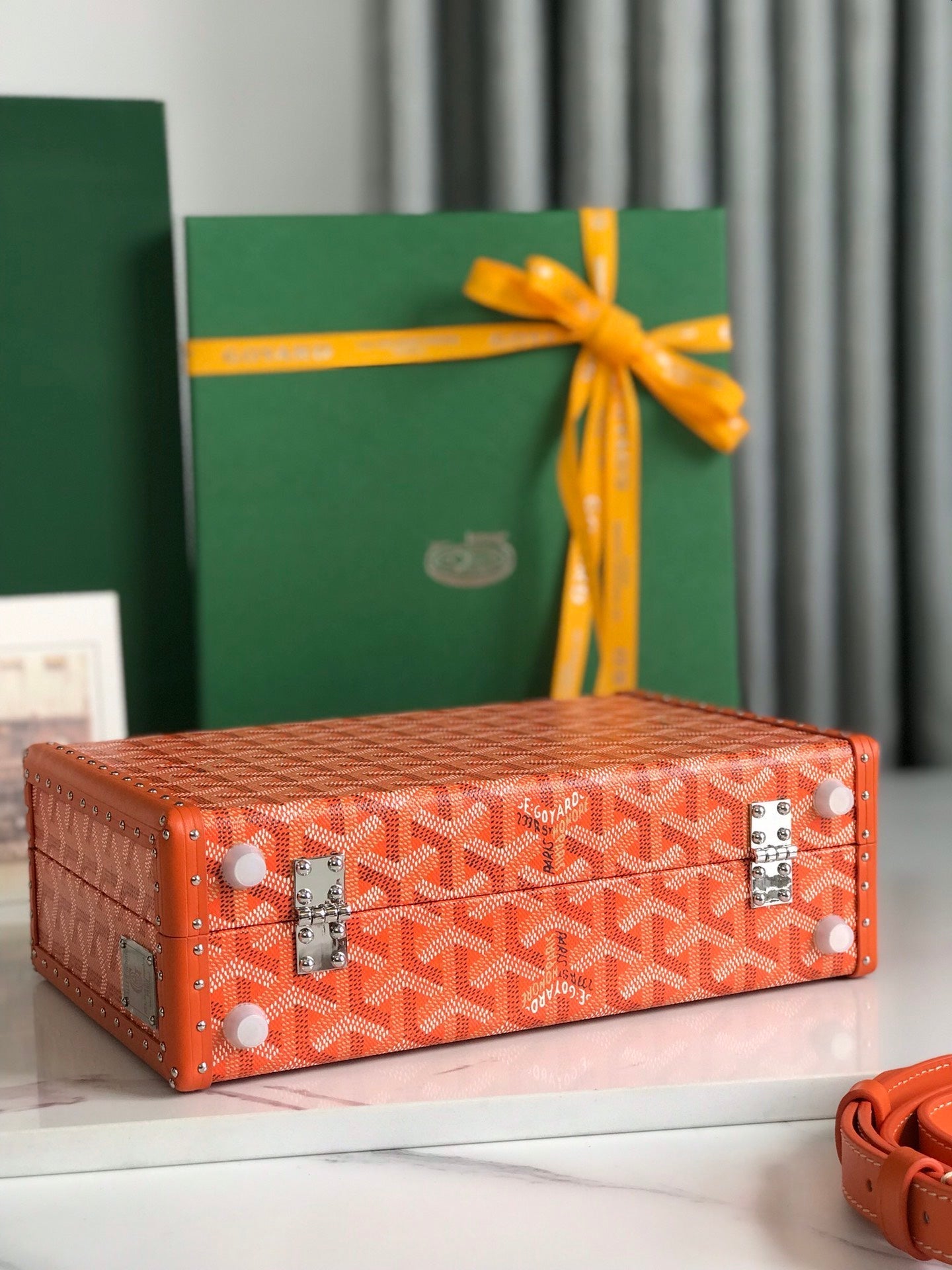 GRAND H?TEL TRUNK BAG 24 IN ORANGE GOYARDINE CANVAS AND CALFSKIN