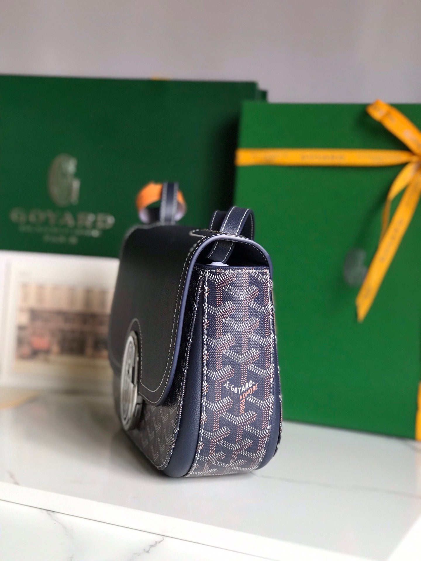 233 BAG 25 IN NAVY BLUE CALFKIN AND GOYARDINE CANVAS