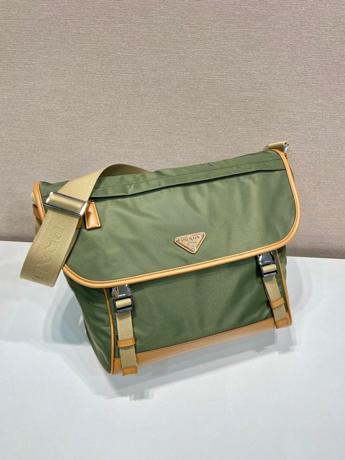 LARGE FLAP BAG 30 IN SEAWEED GREEN RE-NYLON AND BROWN CALFSKIN TRIM