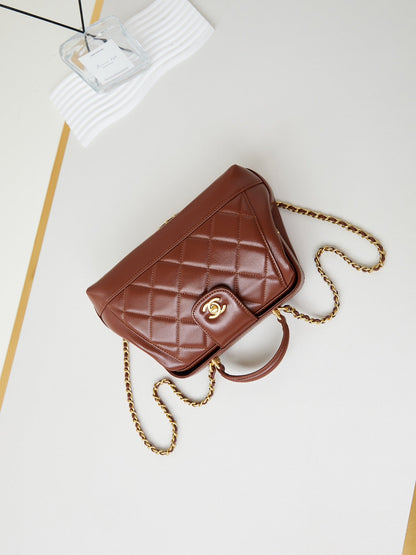 CC 24A Top Handle 23.5cm Brown Wax Leather Gold Hardware 238471