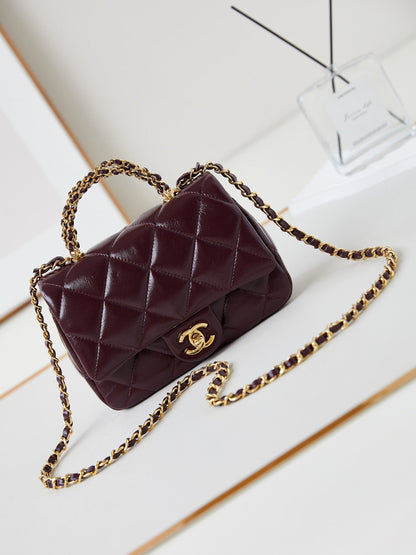 CC Flap Bag With Top Handle 19cm Wine Red Sheepskin Gold Hardware 238483
