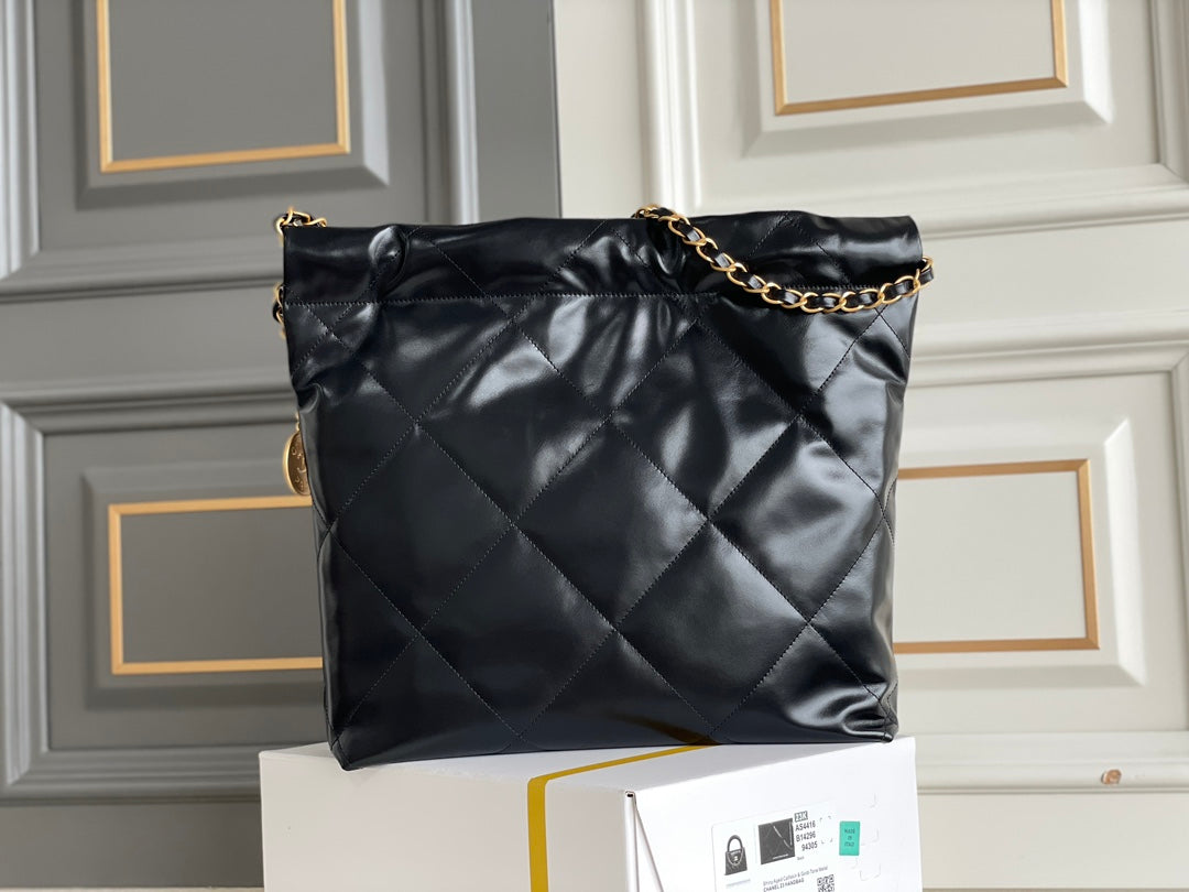 24K CC Hobo 22 Bag Black Lambskin Gold Hardware