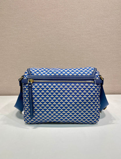 MESSENGER BAG 25 IN BLUE MIX WHITE TRIANGLE PATTERN EMBROIDERED FABRIC