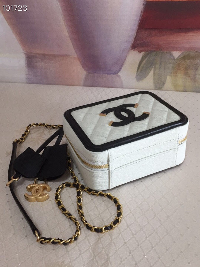 CC Filigree Vanity Case Bag Black White Quilted Caviar Leather