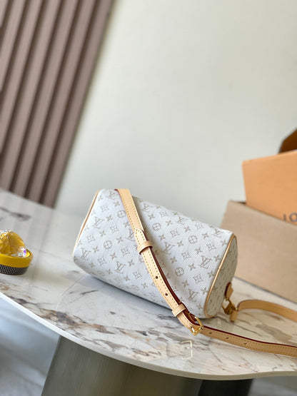 SPEEDY BANDOULI¨¨RE 20 IN WHITE MONOGRAM JACQUARD AND BEIGE CALFSKIN TRIM