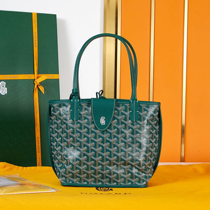 ANJOU MINI BAG 20 IN GREEN GOYARDINE CANVAS AND CALFSKIN WITH CARTOON PATCH