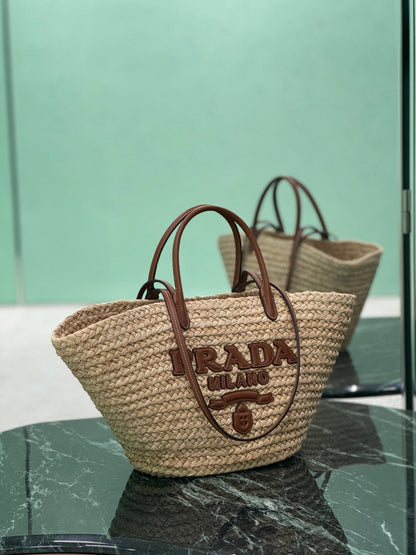 LARGE TOTE BAG 56 IN BEIGE RAFFIA GRASS AND BROWN CALFSKIN TRIM