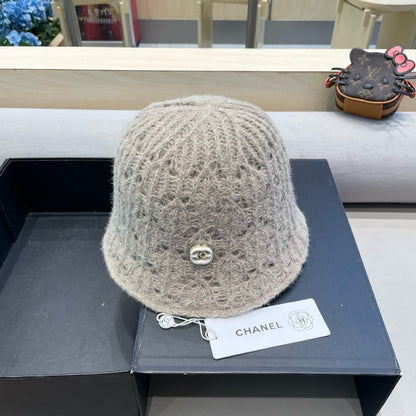 BUCKET HAT KHAKI BROWN KNITTED FABRIC WITH RABBIT FUR 428091