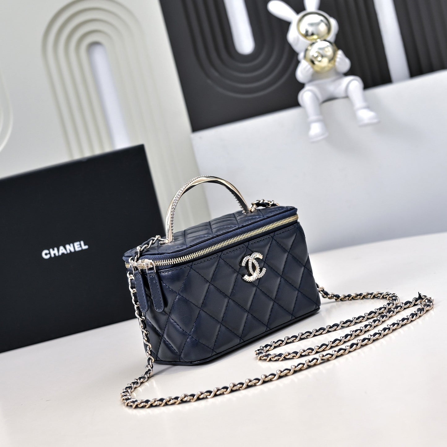 CC 24K Vanity Top Handle 17cm Blue Lambskin Silver Hardware