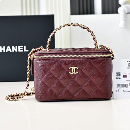 CC 24A Vanity Top Handle 16cm Burgundy Grained Calfskin Gold Hardware