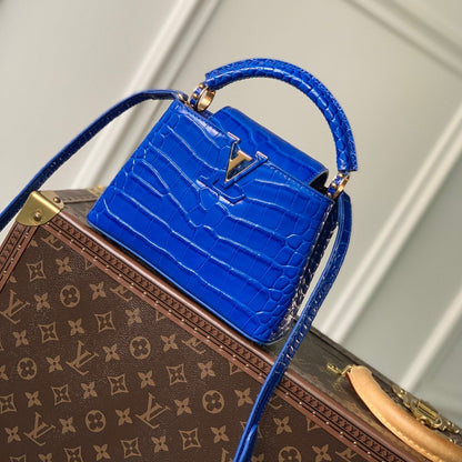 CAPUCINES MINI 21 COBALT BLUE CROCODILE EMBOSSED CALFSKIN GOLD HARDWARE