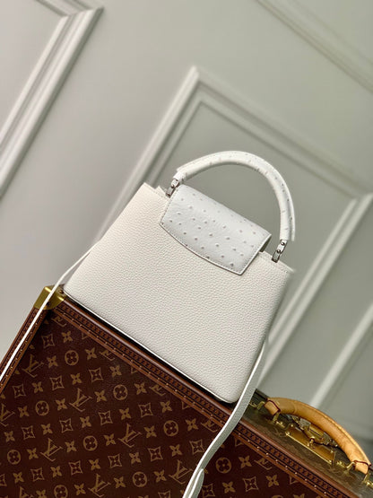 CAPUCINES BB 27 WHITE TAURILLON TURQUOISE SILVER HARDWARE