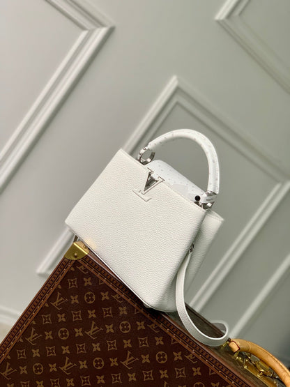 CAPUCINES BB 27 WHITE TAURILLON TURQUOISE SILVER HARDWARE