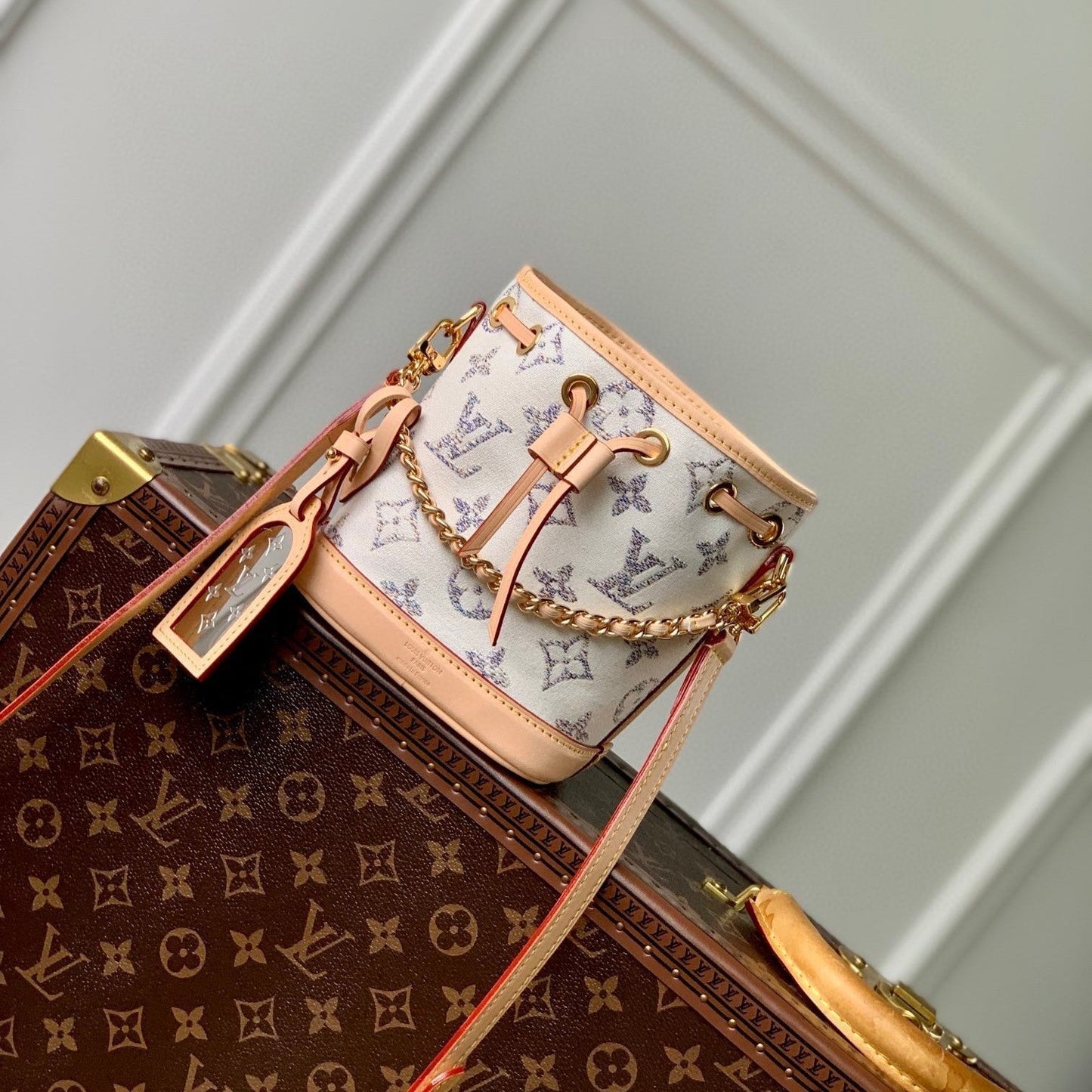 Nano Noe 13x16x10 Beige Leather White Monogram jacquard fabric