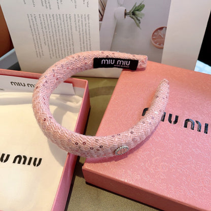 THICK HEADBAND IN PINK TWEED EMBELLISHED SEQUINS 406045