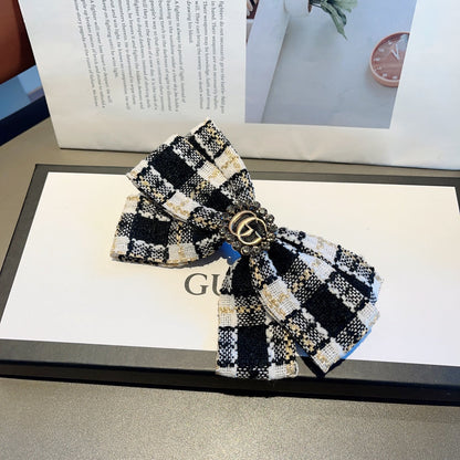 RETRO BOW HAIR CLIP IN BLACK MIX WHITE TWEED 432763