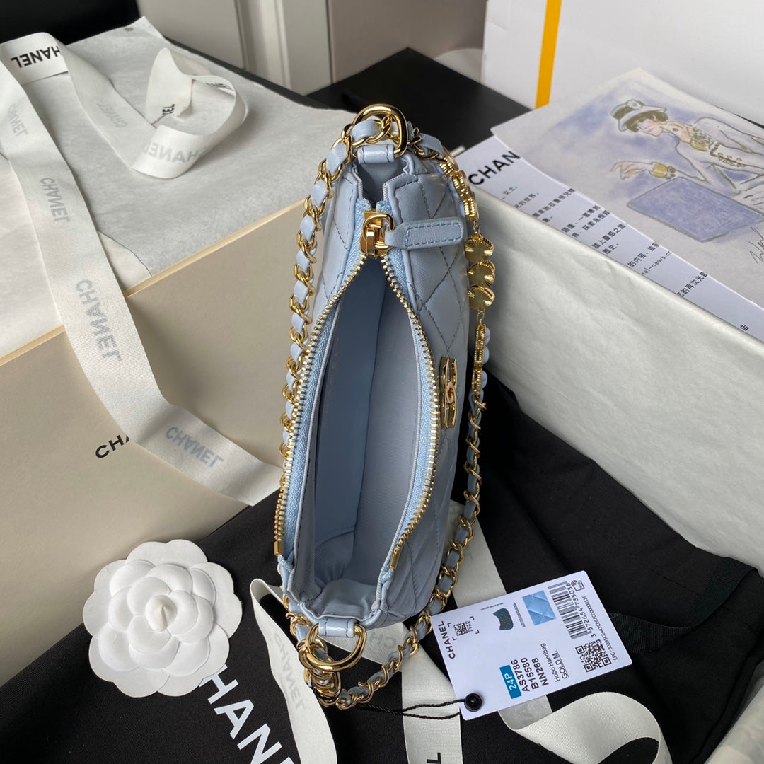 24p cc hobo bag 20cm cloud blue lambskin gold hardware