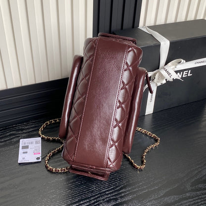 24K Camera Bag Burgundy Calfskin Gold Hardware