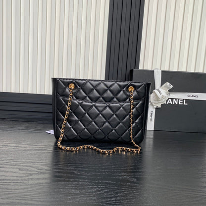 24K Shopping Bag 28cm Black Calfskin Gold Hardware