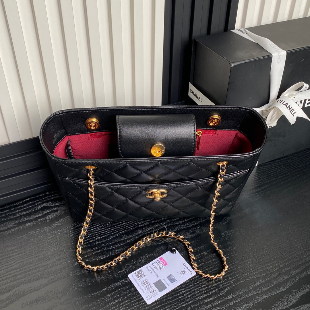 24K Shopping Bag 28cm Black Calfskin Gold Hardware