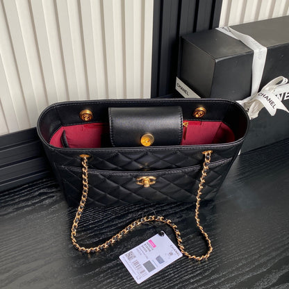24K Shopping Bag 28cm Black Calfskin Gold Hardware