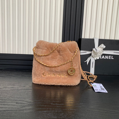 CC 24K Hobo 22 Bag 20cm Brown Wool Fur