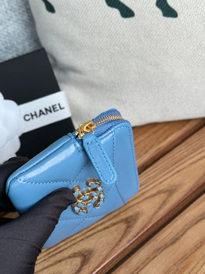 cc 19 zipped coin purse 11cm blue lambskin gold hardware